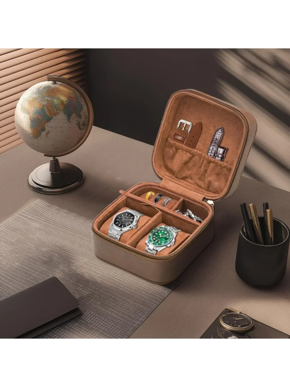 Portable Watch Travel Case for 2 Watches, PU Leather Jewelry Organizer & Storage